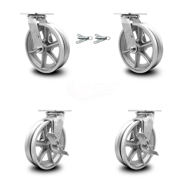 8 Inch V Groove Semi Steel Caster Set with Roller Bearings 2 Swivel Lock 2 Brake